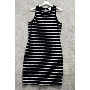 Cache Sheath Dress Womens Large Black White Chevron Cotton Stretch‎ Keyhole Back